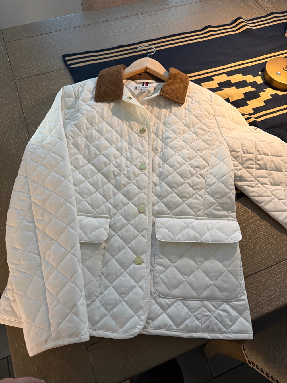 Tommy Hilfiger white  Quilted Jacket with Brown Corduroy Trim